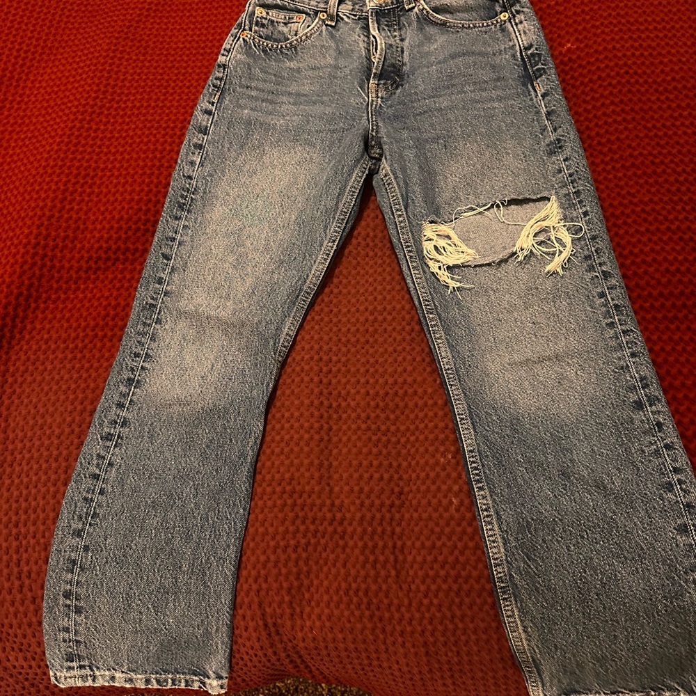 Topshop Blue Distressed Straight Leg Jeans